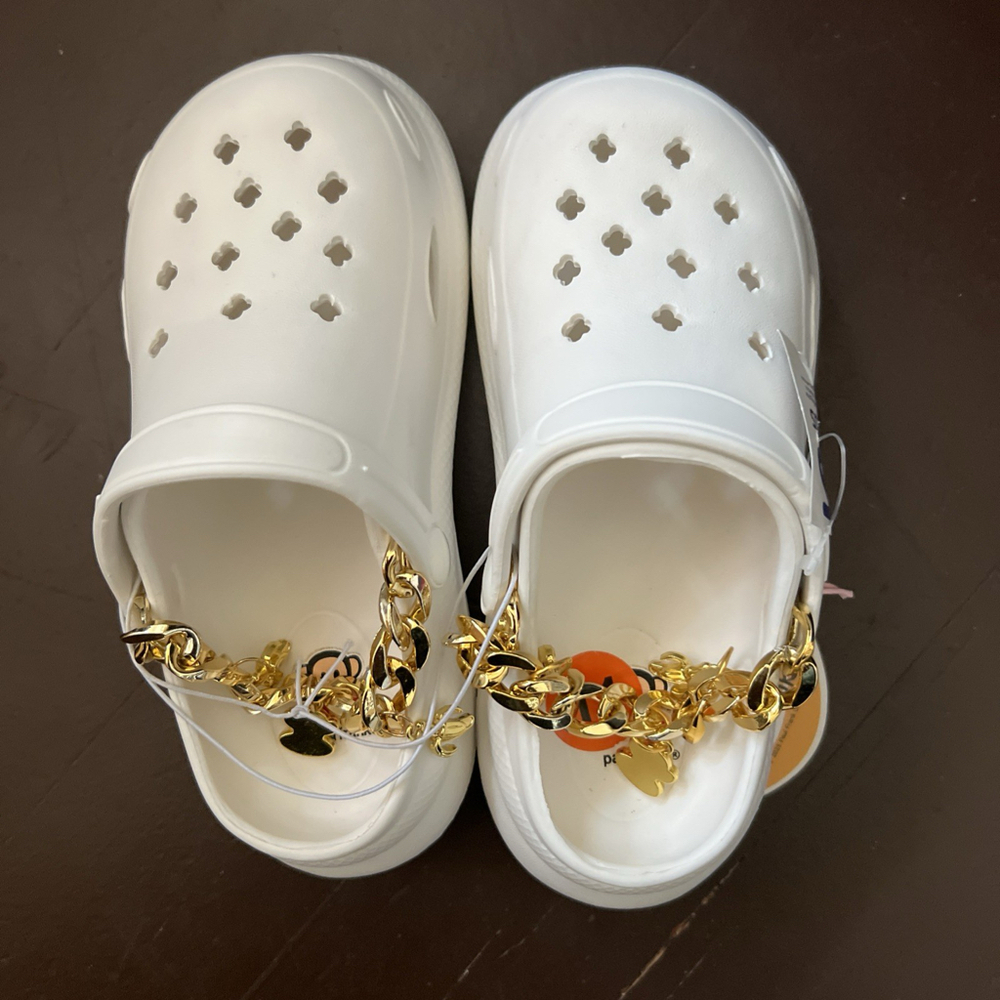 Girls White Crocs Size 11 Brand Paul Frank With Gold Jewelry Attached